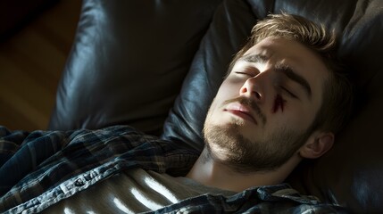 Injured Young Man Sleeping on Couch, Cut Face