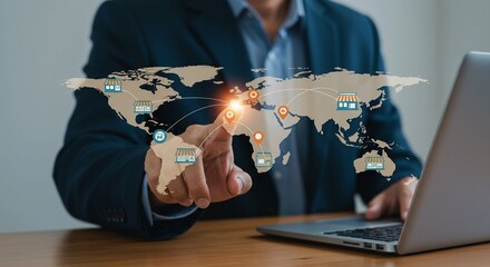 Retail Franchise Strategy with Technology Icons and Marketing Elements