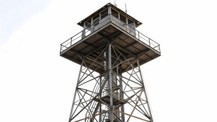Exploring the historic fire lookout tower: a metal structure against a bright white sky background view