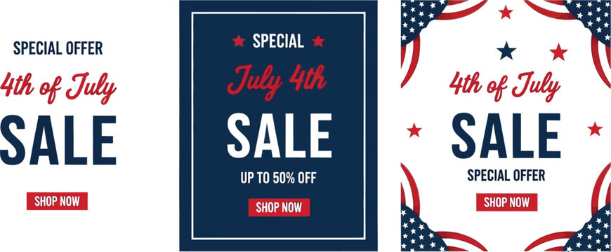 Three square banners featuring july fourth sale with stars and stripes patriotic designs - Powered by Adobe