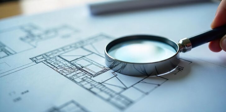 Close-up shot of a blueprint being meticulously examined with a magnifying glass, highlighting details and precision in architectural or engineering design review , engineering, isometric