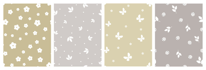 Floral seamless patterns set, collection. White silhouettes of flowers, leaves, butterfly, ladybug on a beige background. Seamless pattern under clipping mask, convenient for editing. 