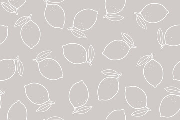 Lemon isolated on a beige background. White outline drawing. Seamless pattern under clipping mask, convenient for editing. Fruits background for paper, textile, gift wrap.