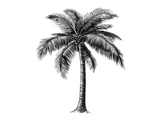 Tropical summer palm tree engraving, vintage coconut sketch, black line hand-drawn icon, old engraving style, seasonal vacation decor, trendy island artwork, exotic beach landscape design