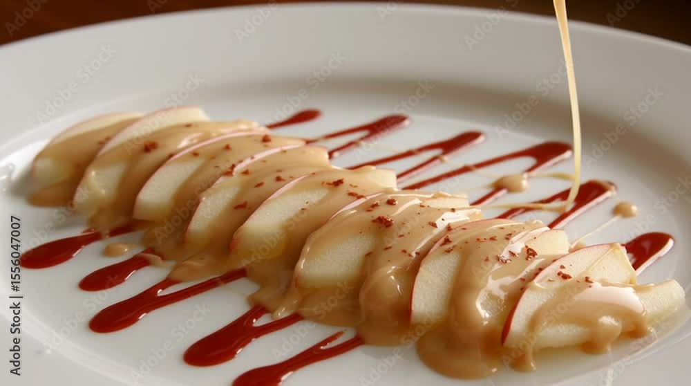 Poster slices of pear with a caramel drizzle close-up