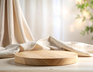 Flat Wood Stage with Fabric Drape and Soft Focus