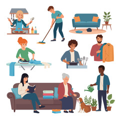 Collection of People Doing Daily Household Chores and Activities at Home