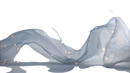 Elegant flowing sheer fabric with subtle fairy lights against a dark backdrop