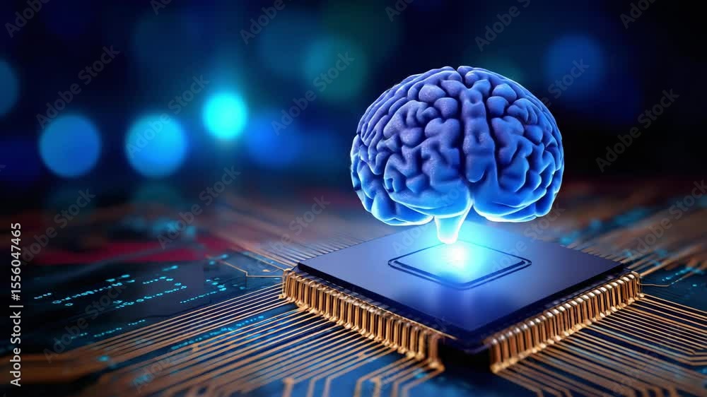 Poster artificial intelligence brain microchip circuit technology digital innovation glowing on board