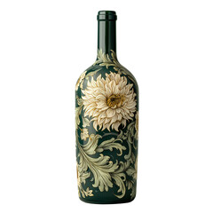 Elegant hand-painted wine bottle with floral design against a black backdrop offering beauty