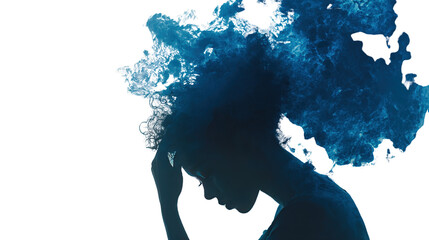 Surreal Depiction of a Woman's Mind with Blue Clouds, Illustrating Emotional Turbulence