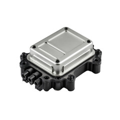 Close-up of a Modern Electronic Control Unit with Metallic and Plastic Housing