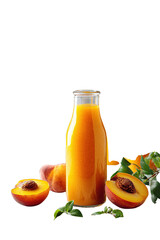 Fresh peach juice in a glass bottle with sliced peaches on a dark background