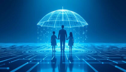 A Family unites under a digital umbrella, symbolizing modern protection in this interconnected world