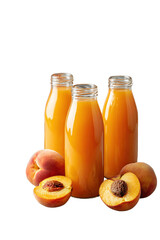 Refreshing peach juice bottles with fresh peaches on a sleek black background