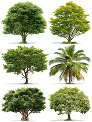Fototapeta premium Variety of six different trees showcasing different shapes and leaf patterns isolated against white background.