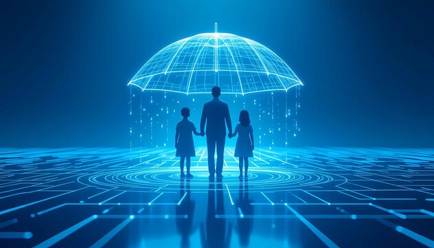 A Family unites under a digital umbrella, symbolizing modern protection in this interconnected world - Powered by Adobe