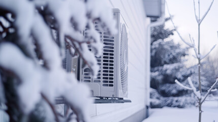 outdoor heatpump covered in snow