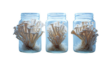 Cultivating culinary delights: Enoki mushrooms growing in glass jars on a black background
