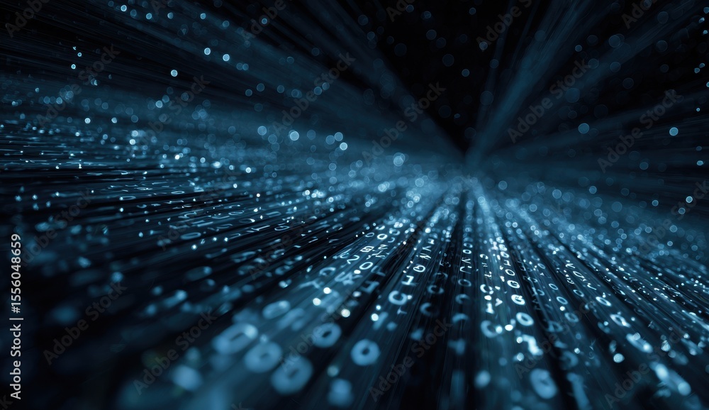 Poster digital data streams converge in a futuristic, glowing matrix