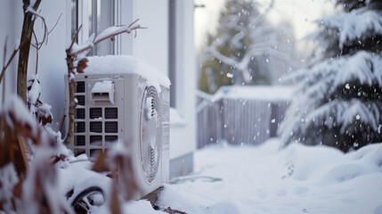outdoor heatpump covered in snow