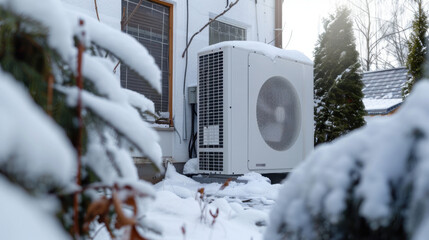 outdoor heatpump covered in snow