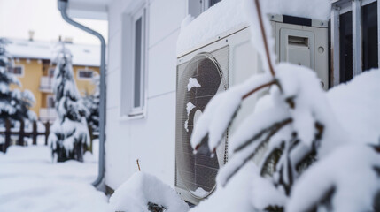 outdoor heatpump covered in snow