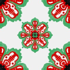 Red and Green Floral Kaleidoscope Pattern Seamless Repeat