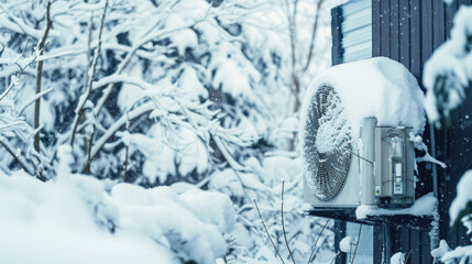 outdoor heatpump covered in snow