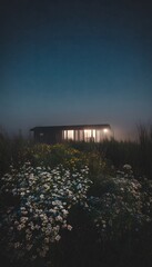 A minimalist off-grid cabin at night