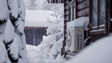 outdoor heatpump covered in snow
