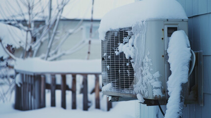 outdoor heatpump covered in snow