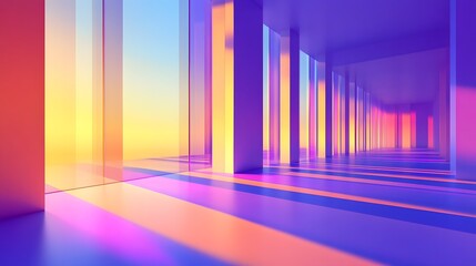 Vibrant Neon Corridor with Glass Pillars and Sunset View