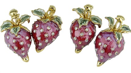 Elegant Red Strawberry Enamel Brooches with Gold Accents and Diamonds