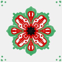 Red and Green Floral Mandala Design, Symmetrical Pattern