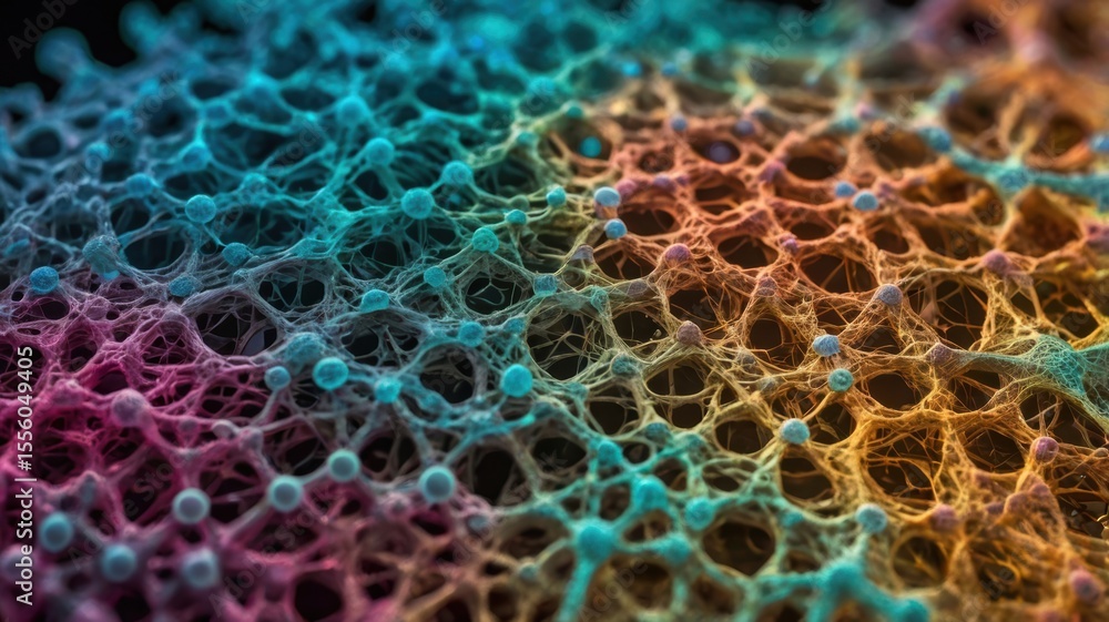 Poster abstract representation of interconnected nodes and lines, featuring vibrant colors and intricate pa
