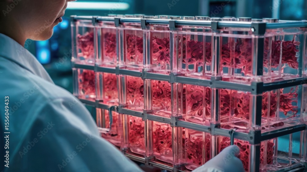 Poster a scientist examines a transparent container filled with red samples in a lab setting, showcasing ad