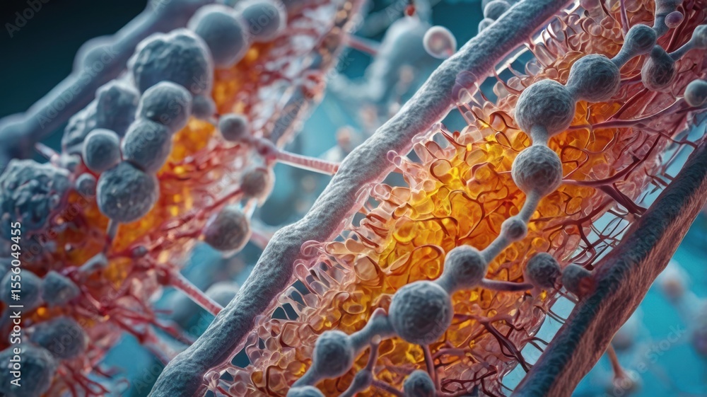Poster microscopic view of cell structures showcasing intricate details and vibrant colors, highlighting bi