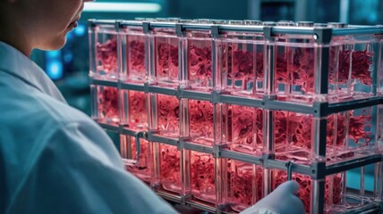 A scientist examines a transparent container filled with red samples in a lab setting, showcasing advanced research and technology.