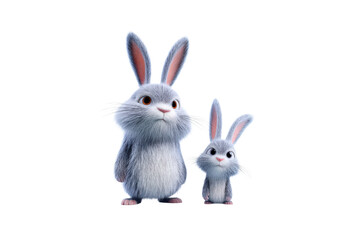 Fototapeta premium Two Gray Cartoon Rabbits With Pink Ears Stand On A Transparent Background One Is Larger Next To A Smaller One
