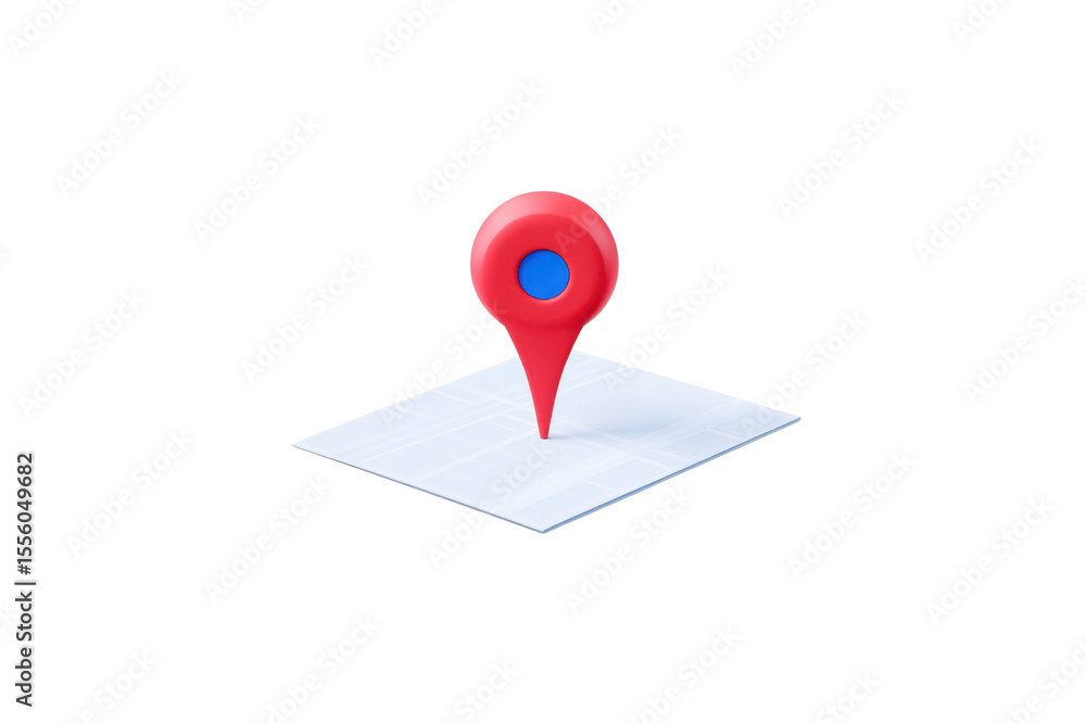 Poster red and blue location pin centered on a light blue map grid isolate navigation