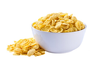 corn flakes pouring out of ceramic bowl isolated on white background.