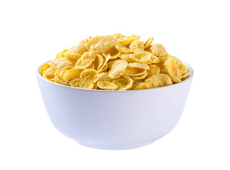 corn flakes in a ceramic bowl isolated on a white background.