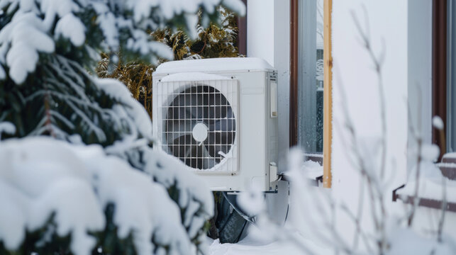 outdoor heatpump covered in snow