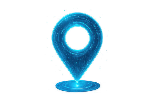 Futuristic glowing blue location pin standing on transparent background, indicating position on map