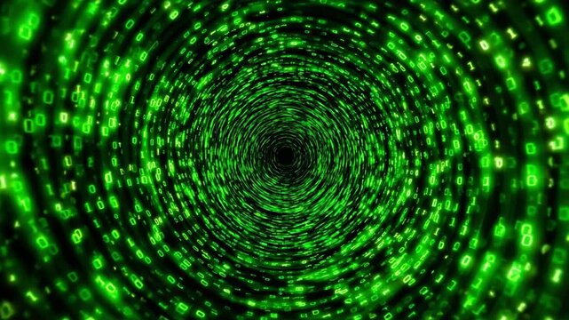 Futuristic digital tunnel with glowing green binary code creating immersive data technology flow
