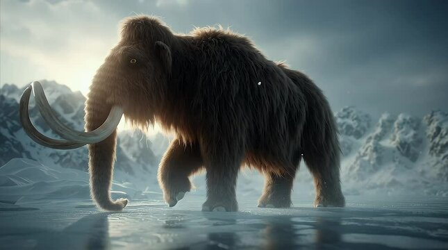 Woolly Mammoth Stands on Frozen Ice with Snowy Mountain Background in Soft Light and an Ancient Winter Landscape