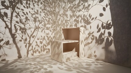 Minimalist Beige Room Display Shelves with Leaf Shadows