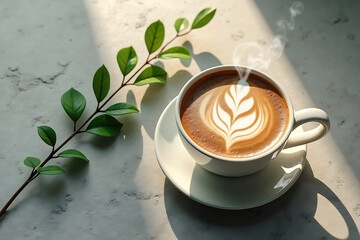 Hot Latte Coffee with Beautiful Art and Green Leaf Decor on Marble Table in Morning Light