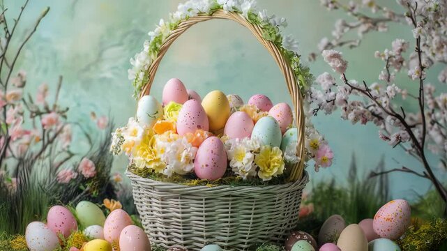 easter basket with eggs and flowers